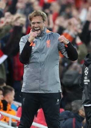 Jurgen Klopp manager of Liverpool celebrates the first goal during the Champions League Semi Final 1st Leg match at Anfield Stadium, Liverpool. Picture date: 24th April 2018. Picture credit should read: Simon Bellis Sportimage EDITORIAL USE ONLY. No use with unauthorised audio, video, data, fixture lists, club league logos or live services. Online in-match use limited to 120 images, no video emulation. No use in betting, games or single club league player publications.
