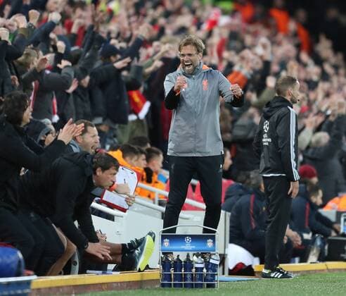 Jurgen Klopp manager of Liverpool celebrates the first goal during the Champions League Semi Final 1st Leg match at Anfield Stadium, Liverpool. Picture date: 24th April 2018. Picture credit should read: Simon Bellis Sportimage EDITORIAL USE ONLY. No use with unauthorised audio, video, data, fixture lists, club league logos or live services. Online in-match use limited to 120 images, no video emulation. No use in betting, games or single club league player publications.