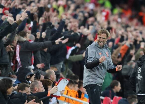 Jurgen Klopp manager of Liverpool celebrates the first goal during the Champions League Semi Final 1st Leg match at Anfield Stadium, Liverpool. Picture date: 24th April 2018. Picture credit should read: Simon Bellis Sportimage EDITORIAL USE ONLY. No use with unauthorised audio, video, data, fixture lists, club league logos or live services. Online in-match use limited to 120 images, no video emulation. No use in betting, games or single club league player publications.