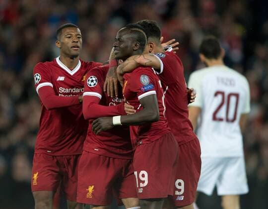 Liverpool v A.S. Roma UEFA Champions League Semi-Final Sadio Mane of Liverpool (centre) celebrates after scoring his team s 3rd goal to make it 3-0 during the UEFA Champions League Semi-Final match at Anfield, Liverpool Content Not Available For UK Newspapers Copyright: xRussellxHartx FIL-11698-0017