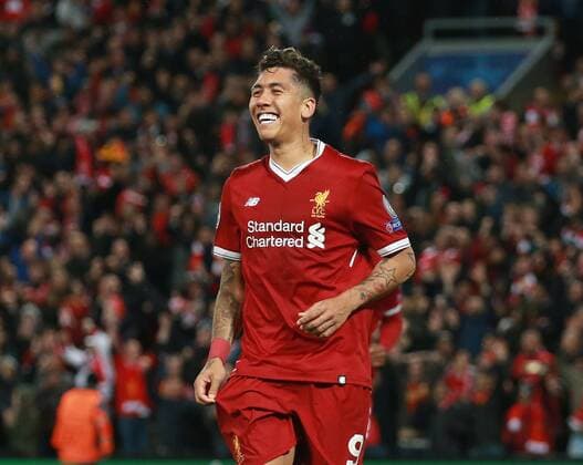 Roberto Firmino of Liverpool celebrates scoring the fifth goal during the Champions League Semi Final 1st Leg match at Anfield Stadium, Liverpool. Picture date: 24th April 2018. Picture credit should read: Simon Bellis Sportimage EDITORIAL USE ONLY. No use with unauthorised audio, video, data, fixture lists, club league logos or live services. Online in-match use limited to 120 images, no video emulation. No use in betting, games or single club league player publications.