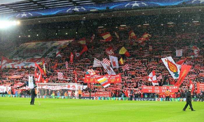 24th April 2018, Anfield, Liverpool, England; UEFA Champions League football, semi final, 1st leg, Liverpool versus AS Roma; A view of the Kop as the teams take to the field  ActionPlus12016815