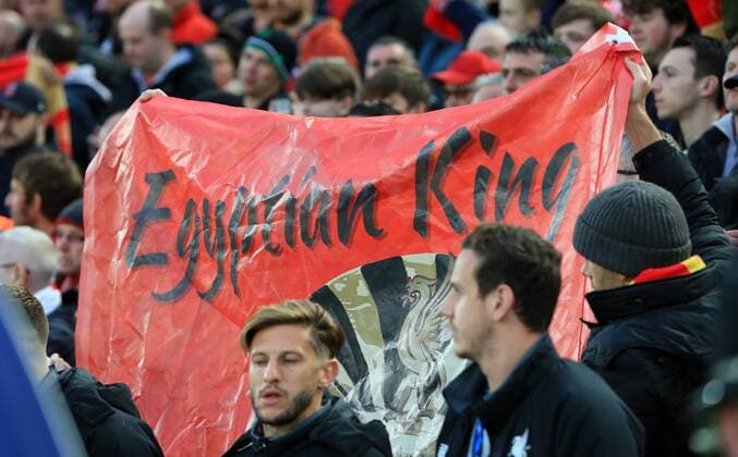 24th April 2018, Anfield, Liverpool, England; UEFA Champions League football, semi final, 1st leg, Liverpool versus AS Roma; Liverpool fans display their Mohamed Salah "Egyptian King" banner  ActionPlus12016817