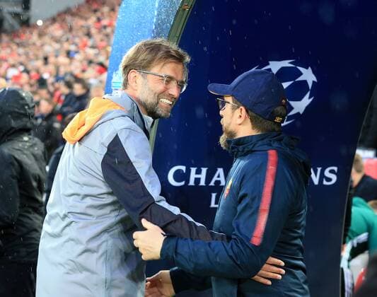 24th April 2018, Anfield, Liverpool, England; UEFA Champions League football, semi final, 1st leg, Liverpool versus AS Roma; Jurgen Klopp, Liverpool manager shakes hands with Eusebio Di Francesco, Roma manager before the match  ActionPlus12016819