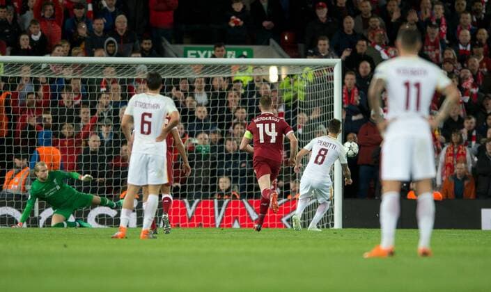 Liverpool v A.S. Roma UEFA Champions League Semi-Final Diego Perotti of AS Roma makes it 5-2 to Liverpool during the UEFA Champions League Semi-Final match at Anfield, Liverpool Content Not Available For UK Newspapers Copyright: xRussellxHartx FIL-11698-0022