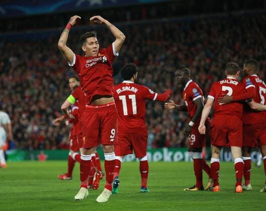 Roberto Firmino of Liverpool celebrates scoring the fifth goal during the Champions League Semi Final 1st Leg match at Anfield Stadium, Liverpool. Picture date: 24th April 2018. Picture credit should read: Simon Bellis Sportimage EDITORIAL USE ONLY. No use with unauthorised audio, video, data, fixture lists, club league logos or live services. Online in-match use limited to 120 images, no video emulation. No use in betting, games or single club league player publications.