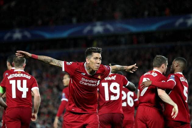 Football - 2017 2018 UEFA Champions League - Semi-Final, First Leg: Liverpool vs. A.S. Roma Roberto Firmino of Liverpool celebrates scoring his sides fifth goal, at Anfield. COLORSPORT PAUL GREENWOOD 