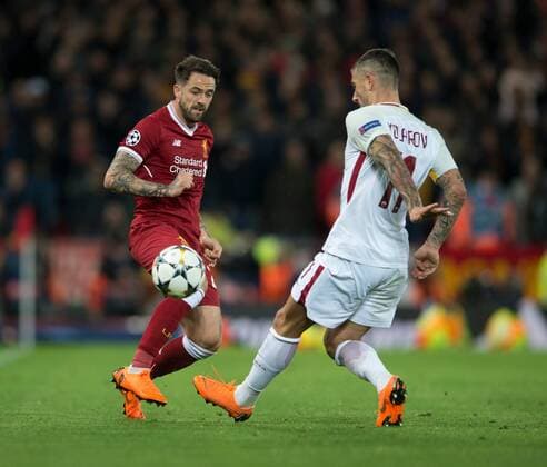 Liverpool v A.S. Roma UEFA Champions League Semi-Final Danny Ings of Liverpool (left) and Aleksandar Kolarov of AS Roma challenge for the ball during the UEFA Champions League Semi-Final match at Anfield, Liverpool Content Not Available For UK Newspapers Copyright: xRussellxHartx FIL-11698-0025