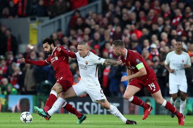 Football - 2017 2018 UEFA Champions League - Semi-Final, First Leg: Liverpool vs. A.S. Roma Mohamed Salah of Liverpool is tackled by Radja Nainggolan of AS Roma, at Anfield. COLORSPORT PAUL GREENWOOD 