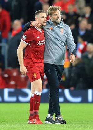 24th April 2018, Anfield, Liverpool, England; UEFA Champions League football, semi final, 1st leg, Liverpool versus AS Roma; Liverpool captain Jordan Henderson is congratulated by Jurgen Klopp, Liverpool manager after the final whistle  ActionPlus12016835