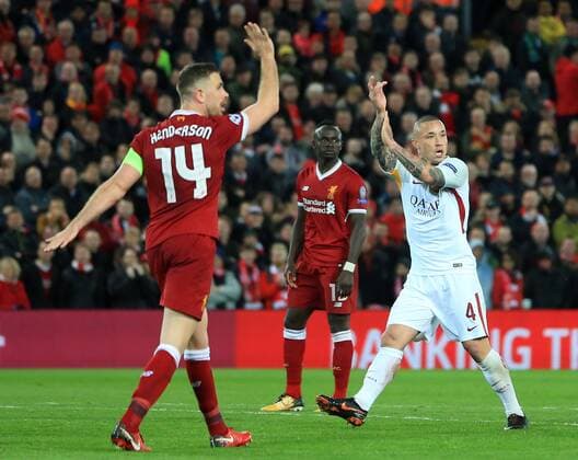 24th April 2018, Anfield, Liverpool, England; UEFA Champions League football, semi final, 1st leg, Liverpool versus AS Roma; Radja Nainggolan of Roma appeals for a penalty  ActionPlus12016837