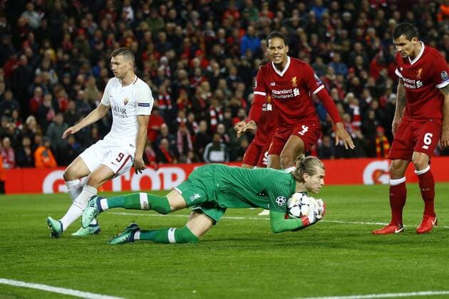 Loris Karius Liverpool, Edin Dzeko Roma Liverpool 24-04-2018 Football Champions League 2017 2018 Semifinal First Leg Liverpool - AS Roma Foto Gino Mancini Insidefoto ginoxmancini