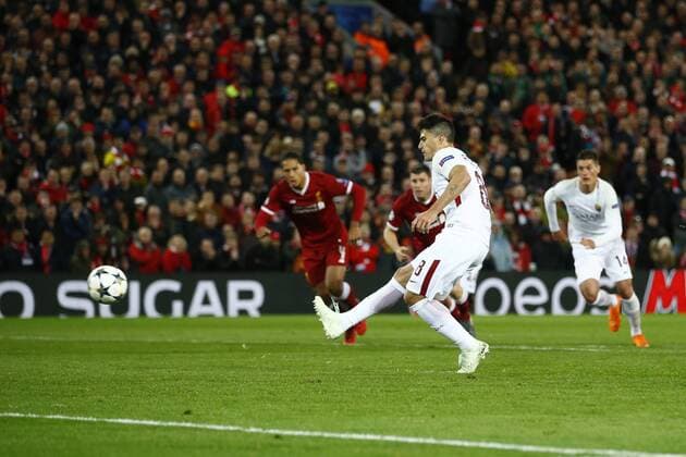 Gol Diego Perotti su calcio di Rigore Roma goal on penalty celebration Liverpool 24-04-2018 Football Champions League 2017 2018 Semifinal First Leg Liverpool - AS Roma Foto Gino Mancini Insidefoto ginoxmancini