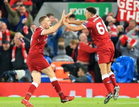 24th April 2018, Anfield, Liverpool, England; UEFA Champions League football, semi final, 1st leg, Liverpool versus AS Roma; Jordan Henderson of Liverpool celebrates his side s 3-0 lead with team mate Trent Alexander-Arnold  ActionPlus12016843