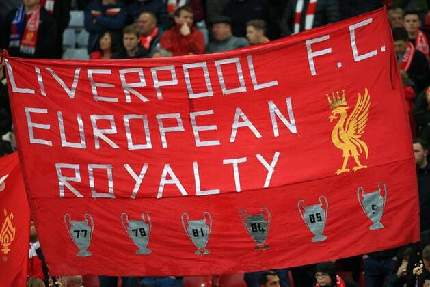 24th April 2018, Anfield, Liverpool, England; UEFA Champions League football, semi final, 1st leg, Liverpool versus AS Roma; Liverpool fans on the Kop display their European Cup and Champions League banner  ActionPlus12016872