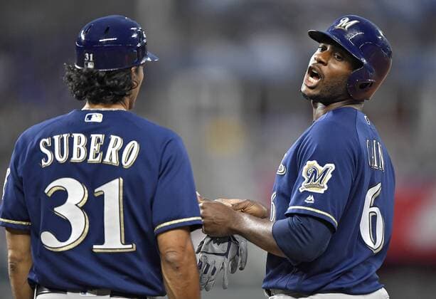 April 24, 2018 - Kansas City, MO, USA - The Milwaukee Brewers Lorenzo Cain yells to the Kansas City Royals dugout after walking in the third inning on Wednesday, April 24, 2018, at Kauffman Stadium in Kansas City, Mo. Milwaukee at Kansas City - ZUMAm67_ 20180424_zaf_m67_022 Copyright: xJohnxSleezerx