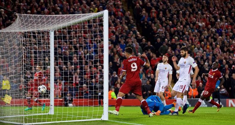 (180425) -- LIVERPOOL, April 25, 2018() -- Liverpool s Roberto Firmino ( 9) scores during the UEFA Champions League Semifinals 1st leg match between Liverpol FC and AS Roma at the Anfield Stadium in Liverpool, Britain on April 24, 2018. Liverpool won 5-2. ()(wll) (SP)BRITAIN-LIVERPOOL-SOCCER-UEFA-CHAMPIONS LEAGUE-LIVERPOOL VS ROMA Xinhua 