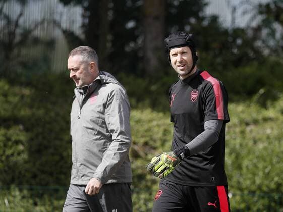 Arsenal s Petr Cech during the training session at the Arsenal Training Centre, London Colney. Picture date: 25th April 2018. Picture credit should read: David Klein Sportimage EDITORIAL USE ONLY. No use with unauthorised audio, video, data, fixture lists, club league logos or live services. Online in-match use limited to 120 images, no video emulation. No use in betting, games or single club league player publications.
