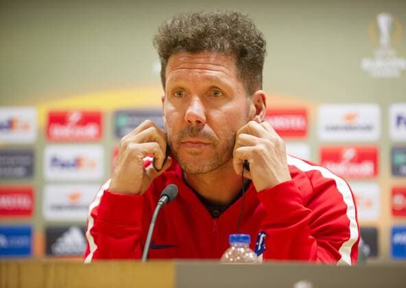 25 04 2018 Emirates Stadium (London) Diego Simeone, Atletico de MadridÂ s manager, during a press conference PK Pressekonferenz before the training for the Europa League semi-final match against Arsenal. Picture: Gustavo Valiente Herrero  xGustavoxValientexHerrerox xx