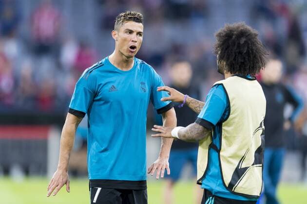 FC Bayern Muenchen GER vs Real Madrid ESP 25 04 2018 Allianz Arena Muenchen GER UEFA CL Bayern Munich Muenchen GER vs Real Madrid ESP Semifinalist Cristiano Ronaldo Real 7 with Marcelo Real 12 nordphotox xStraubmeier nph00004