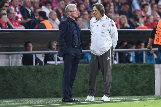 Football Champions League semi-finals FC Bayern München Real Madrid on 25 04 2018 in the Allianz Arena in Munich Jupp Heynckes head coach Munich left Dr Hans Wilhelm Müller Wohlfahrt team doctor Munich right xRx