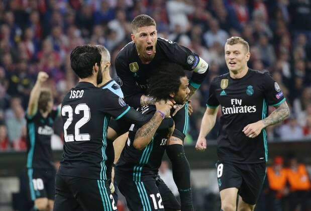 Munich football Champions League semi-final first leg Bayern Munich vs Real Madrid cheers nch the gate to 1 1 from left Isco scorer Marcelo Toni Kross top Sergio Ramos
