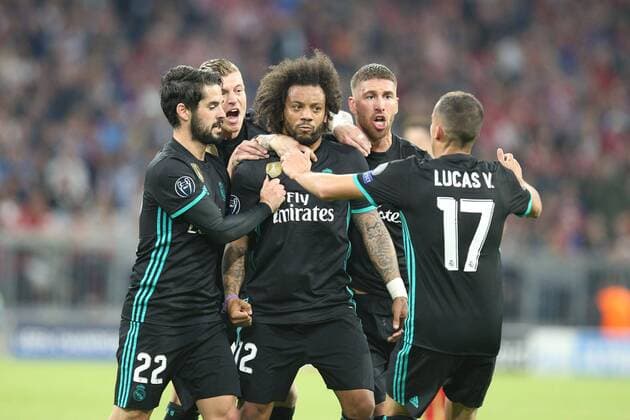 Isco 22 Real Madrid Javi Martinez 8 Bayern Munich Marcelo 12 Real Madrid and Sergio Ramos 4 Real Madrid Lucas Vazquez 17 Real Madrid to equalize 1 1 Bayern Munich vs Real Madrid Soccer Semi Finals Champions League 25 04 2018 Muenchen Bayern Germany Copyright: xkolbert-press ChristianxKolbertx