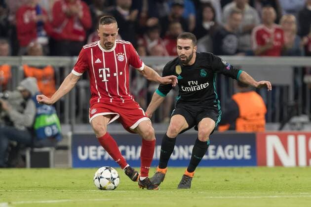 Munich Germany 25 04 2018 UEFA Champions League 2017 18 Season Semi Final Leg One Semifinals Bayern Munich Real Madrid Franck Ribery FCB and Daniel Carvajal Real Madrid in DeFodi048 battle