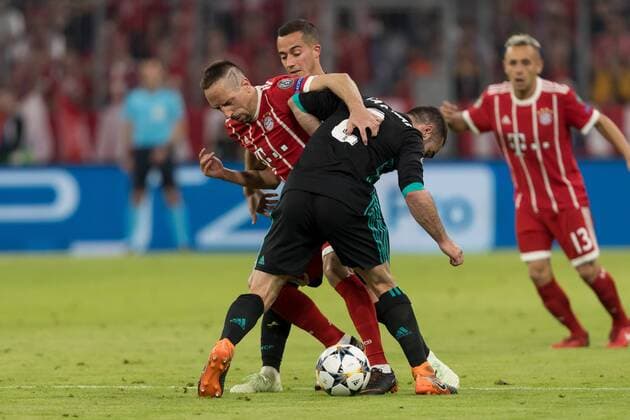 Munich Germany 25 04 2018 UEFA Champions League 2017 18 Season Semi Final Leg One Semifinals Bayern Munich Real Madrid Franck Ribery FCB and Daniel Carvajal Real Madrid in DeFodi048 battle