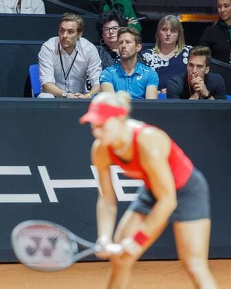 Team ANGELIQUE KERBER GER in the player box in the middle Coach Wim Fissette behind l r Manager Aljoscha Throne Grandma Maria Mother Beata and Physiotherapist Timo Schall Angelique out of focus Tennis Porsche Tennis Grand Prix 2018 WTA Porsche Arena Stuttgart Baden Wuerttemberg Germany 25 April 2018 Copyright: xJuergenxHasenkopfx