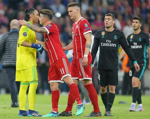SOCCER - UEFA CL, Bayern vs Madrid MUNICH,GERMANY,25.APR.18 - SOCCER - UEFA Champions League, semifinal, FC Bayern Muenchen vs Real Madrid CF. Image shows Keylor Navas (Madrid), James Rodriguez, Niklas Suele (Bayern) and Mateo Kovacic (Madrid). GEPAxpictures xThomasxBachun