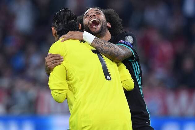 Football Champions League semi-finals FC Bayern Munich Real Madrid on 25 04 2018 in the Allianz Arena in Munich Keylor Navas Madrid front Marcelo Madrid behind xRx