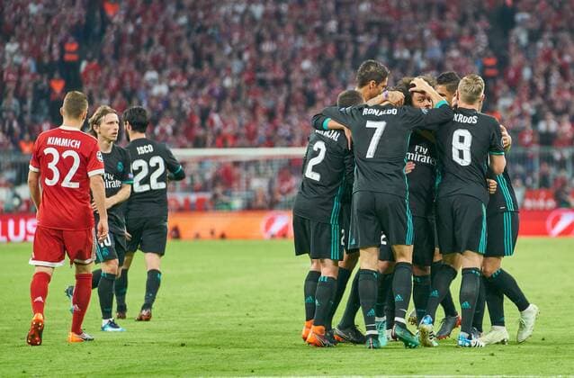 MARCELO Real Madrid 12 Torjubel Cheers for the goal to 1 2 with Sergio RAMOS Real Madrid 4 Cristiano RONALDO Real Madrid 7 Toni KROOS Real Madrid 8 VARANES Real Madrid 5 Joshua KIMMICH FCB 32 emotions disappointed disappointment frustration frustrated sadness sad desperate despair FC BAVARIA MUNICH REAL MADRID 1 2 Semifinals First leg Football UEFA Champions League Munich Germany 25 04 2018 CL Season 2017 2018 FCB