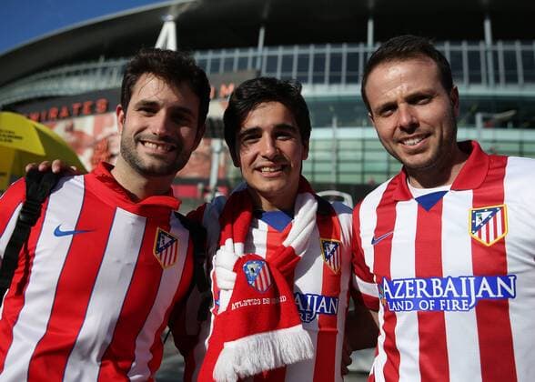 26th April 2018, Emirates Stadium, London, England; UEFA Europa League football, semi final, 1st leg, Arsenal versus Atletico Madrid; Group of Atletico Madrid fans posing outside Emirates Stadium before kick off  ActionPlus12017155