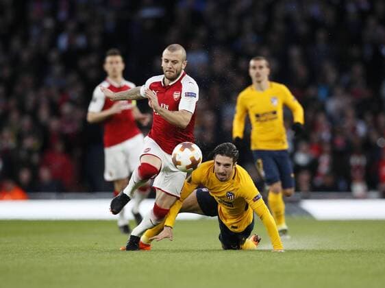 Arsenal s Jack Wilshere tussles with Atletico s Sime Vrsaljko during the Europa League Semi Final 1st Leg, match at the Emirates Stadium, London. Picture date: 26th April 2018. Picture credit should read: David Klein Sportimage EDITORIAL USE ONLY. No use with unauthorised audio, video, data, fixture lists, club league logos or live services. Online in-match use limited to 120 images, no video emulation. No use in betting, games or single club league player publications.