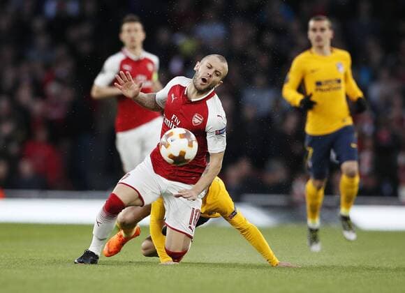 Arsenal s Jack Wilshere gets fouled by Atletico s Sime Vrsaljko who gets booked during the Europa League Semi Final 1st Leg, match at the Emirates Stadium, London. Picture date: 26th April 2018. Picture credit should read: David Klein Sportimage EDITORIAL USE ONLY. No use with unauthorised audio, video, data, fixture lists, club league logos or live services. Online in-match use limited to 120 images, no video emulation. No use in betting, games or single club league player publications.
