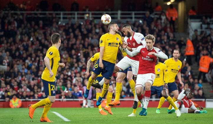 Alexandre Lacazette of Arsenal heads towards goal during the UEFA Europa League Semi Final 1st leg match between Arsenal and Atletico Madrid at the Emirates Stadium, London, England on 26 April 2018. Copyright: xAndyxAleksiejczukx PMI-1995-0019