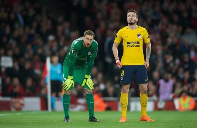 Goalkeeper Jan Oblak of Atletico Madrid & Sa?l iguez of Atletico Madrid during the UEFA Europa League Semi Final 1st leg match between Arsenal and Atletico Madrid at the Emirates Stadium, London, England on 26 April 2018. Copyright: xAndyxAleksiejczukx PMI-1995-0022