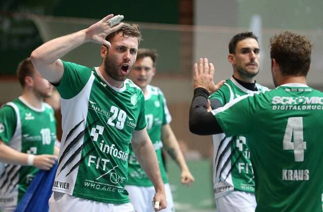 v left Max Bauer DJK Rimpar Wolves Benjamin Herth DJK Rimpar Wolves Sebastian Kraus DJK Rimpar Wolves cheer DKB 2 Handball Bundesliga DJK Rimpar Wolves SG BBM Bietigheim xfsx