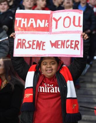 Arsenal v Atletico Madrid UEFA Europa League Semi-Final A fan with a poster thanking Arsenal manager Arsene Wenger during the UEFA Europa League Semi-Final match at the Emirates Stadium, London Content Not Available For UK Newspapers Copyright: xDanielxHamburyx FIL-11704-0012