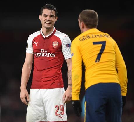 Arsenal v Atletico Madrid UEFA Europa League Semi-Final Arsenal s Granit Xhaka and Atletico Madrid?s Antoine Griezmann during the UEFA Europa League Semi-Final match at the Emirates Stadium, London Content Not Available For UK Newspapers Copyright: xDanielxHamburyx FIL-11704-0022