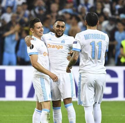 But et de Florian Thauvin Dimitri Payet FOOTBALL : OM vs Salzbourg - demie finale aller Euopa Coupe 26 04 2018 MAO Panoramic 