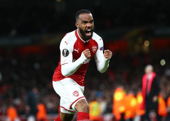 26th April 2018, Emirates Stadium, London, England; UEFA Europa League football, semi final, 1st leg, Arsenal versus Atletico Madrid; Alexandre Lacazette of Arsenal heads the ball to score his sides 1st goal in the 61st minute to make it 1-0  ActionPlus12017317