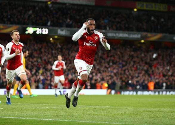 26th April 2018, Emirates Stadium, London, England; UEFA Europa League football, semi final, 1st leg, Arsenal versus Atletico Madrid; Alexandre Lacazette of Arsenal celebrates after scoring his sides 1st goal in the 61st minute to make it 1-0  ActionPlus12017320