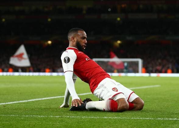 26th April 2018, Emirates Stadium, London, England; UEFA Europa League football, semi final, 1st leg, Arsenal versus Atletico Madrid; Alexandre Lacazette of Arsenal celebrates after scoring his sides 1st goal in the 61st minute to make it 1-0  ActionPlus12017321
