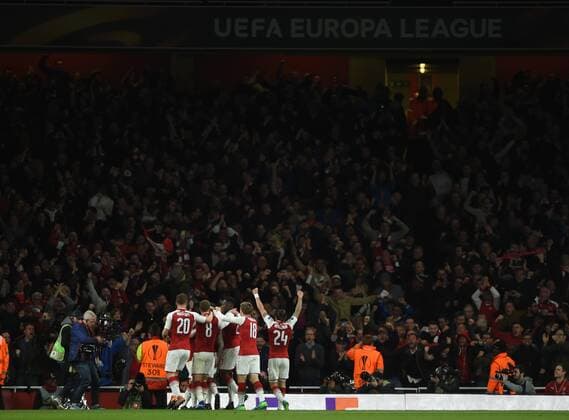 Arsenal v Atletico Madrid UEFA Europa League Semi-Final Arsenal s Alexandre Lacazette celebrates scoring his side s first goal of the game with team mates during the UEFA Europa League Semi-Final match at the Emirates Stadium, London Content Not Available For UK Newspapers Copyright: xDanielxHamburyx FIL-11704-0043