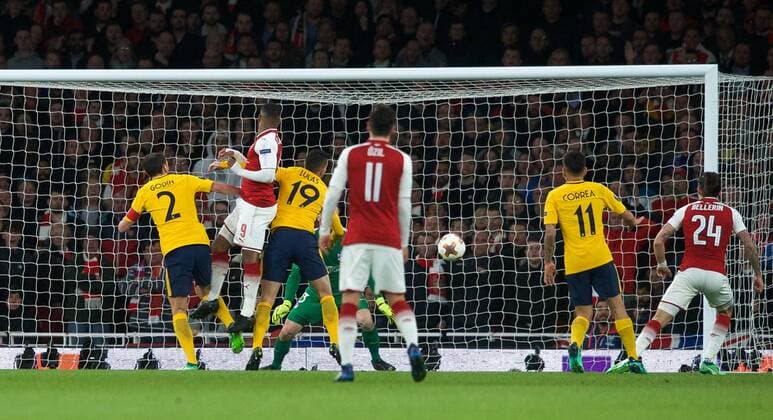 Alexandre Lacazette of Arsenal scores a goal to make it 12-0 during the UEFA Europa League Semi Final 1st leg match between Arsenal and Atletico Madrid at the Emirates Stadium, London, England on 26 April 2018. Copyright: xAndyxAleksiejczukx PMI-1995-0027