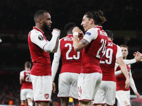 Alexandre Lacazette of Arsenal and Hector Bellerin of Arsenal shadow box as they celebrate the first goal during the Europa League Semi Final 1st Leg, match at the Emirates Stadium, London. Picture date: 26th April 2018. Picture credit should read: David Klein Sportimage EDITORIAL USE ONLY. No use with unauthorised audio, video, data, fixture lists, club league logos or live services. Online in-match use limited to 120 images, no video emulation. No use in betting, games or single club league player publications.