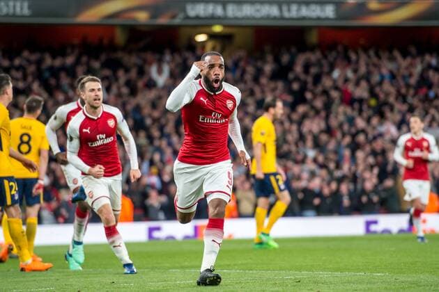 Alexandre Lacazette of Arsenal celebrates scoring the opening goal during the UEFA Europa League Semi Final match between Arsenal and Atletico Madrid at the Emirates Stadium, London, England on 26 April 2018. Copyright: xSalvioxCalabresex 19780039