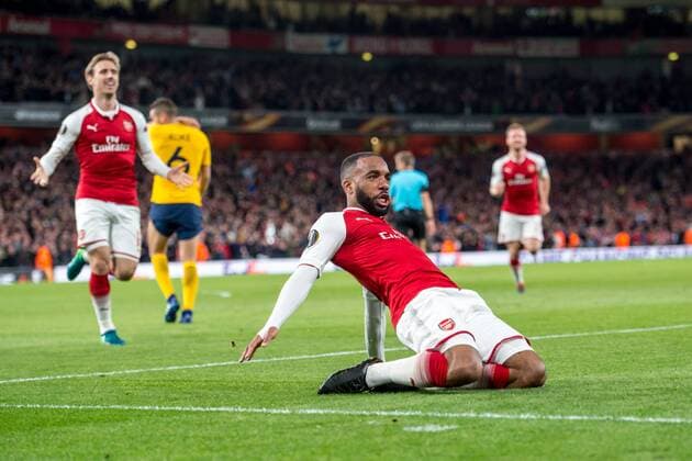 Alexandre Lacazette of Arsenal celebrates scoring the opening goal during the UEFA Europa League Semi Final match between Arsenal and Atletico Madrid at the Emirates Stadium, London, England on 26 April 2018. Copyright: xSalvioxCalabresex 19780042
